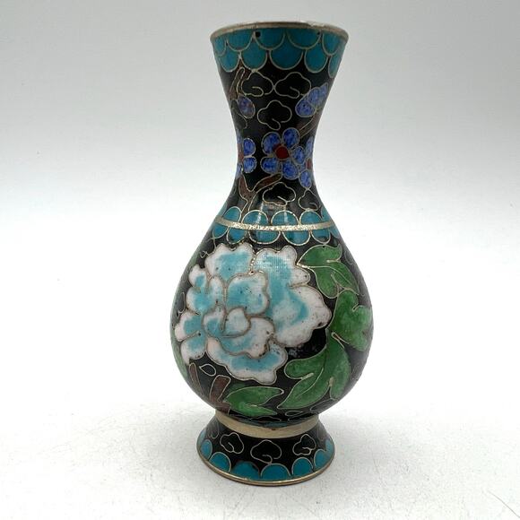 Vtg Miniature Cloisonné Enamel Brass Bud Vase Black Blue White 3" Floral Lotus - Picture 1 of 5